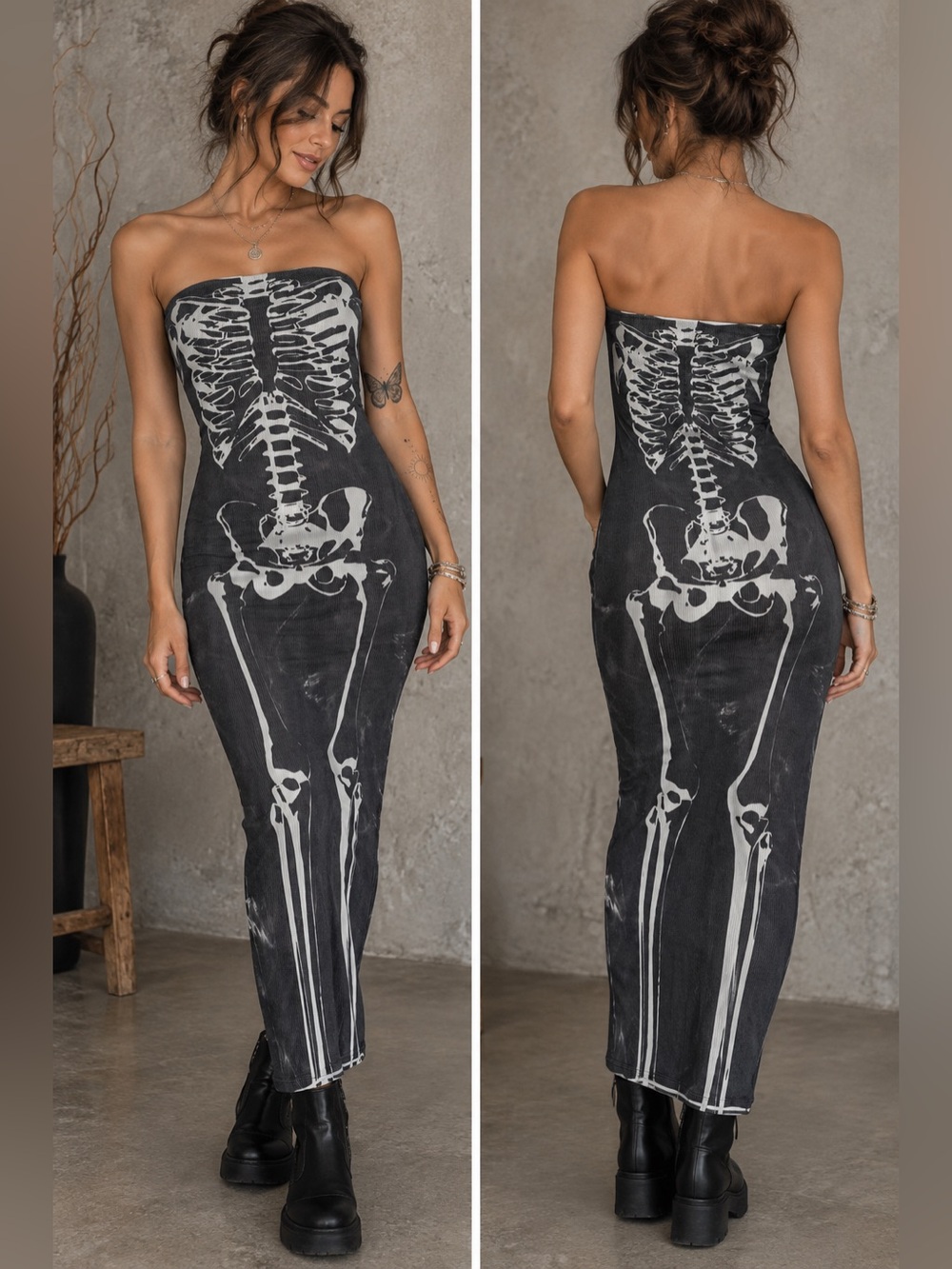 XYNC Clothing Gray Ribbed Skeleton Graphic Strapless Maxi Dress Goth Small